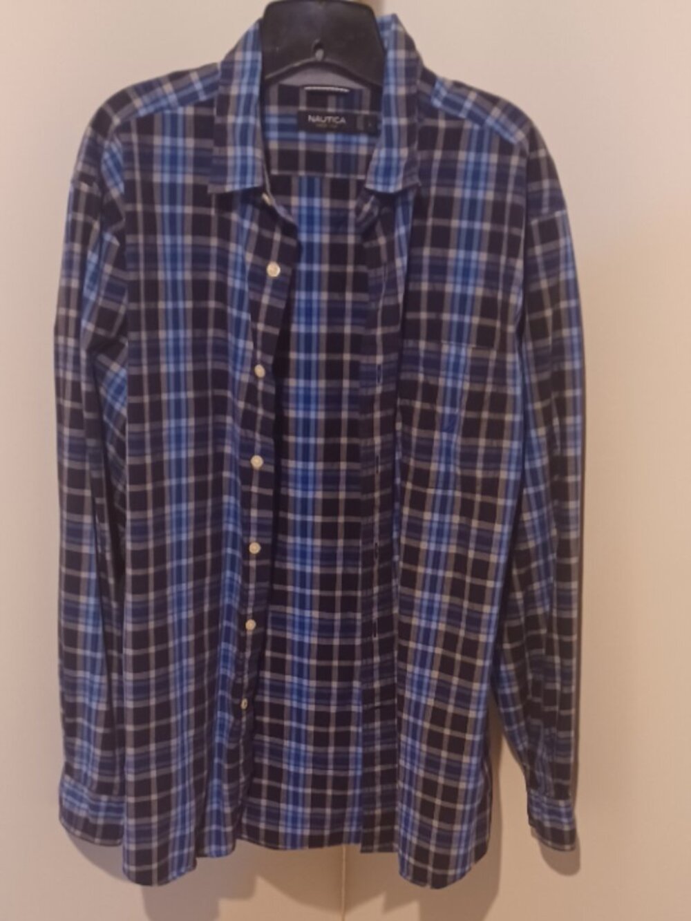Nautica Long Sleeve Button Down Blue Checkered Collared 32" Extra Long Shirt L